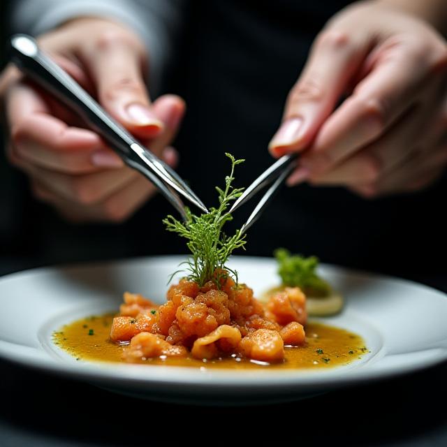 Chef plating a delicate appetizer with tweezers