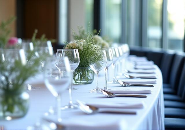Sophisticated corporate luncheon table setting with floral arrangements