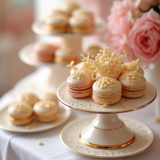 Tiered dessert display featuring artisanal pastries and gold leaf accents