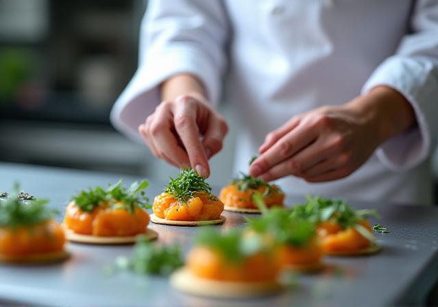 Chef carefully garnishing a dish in a professional London kitchen