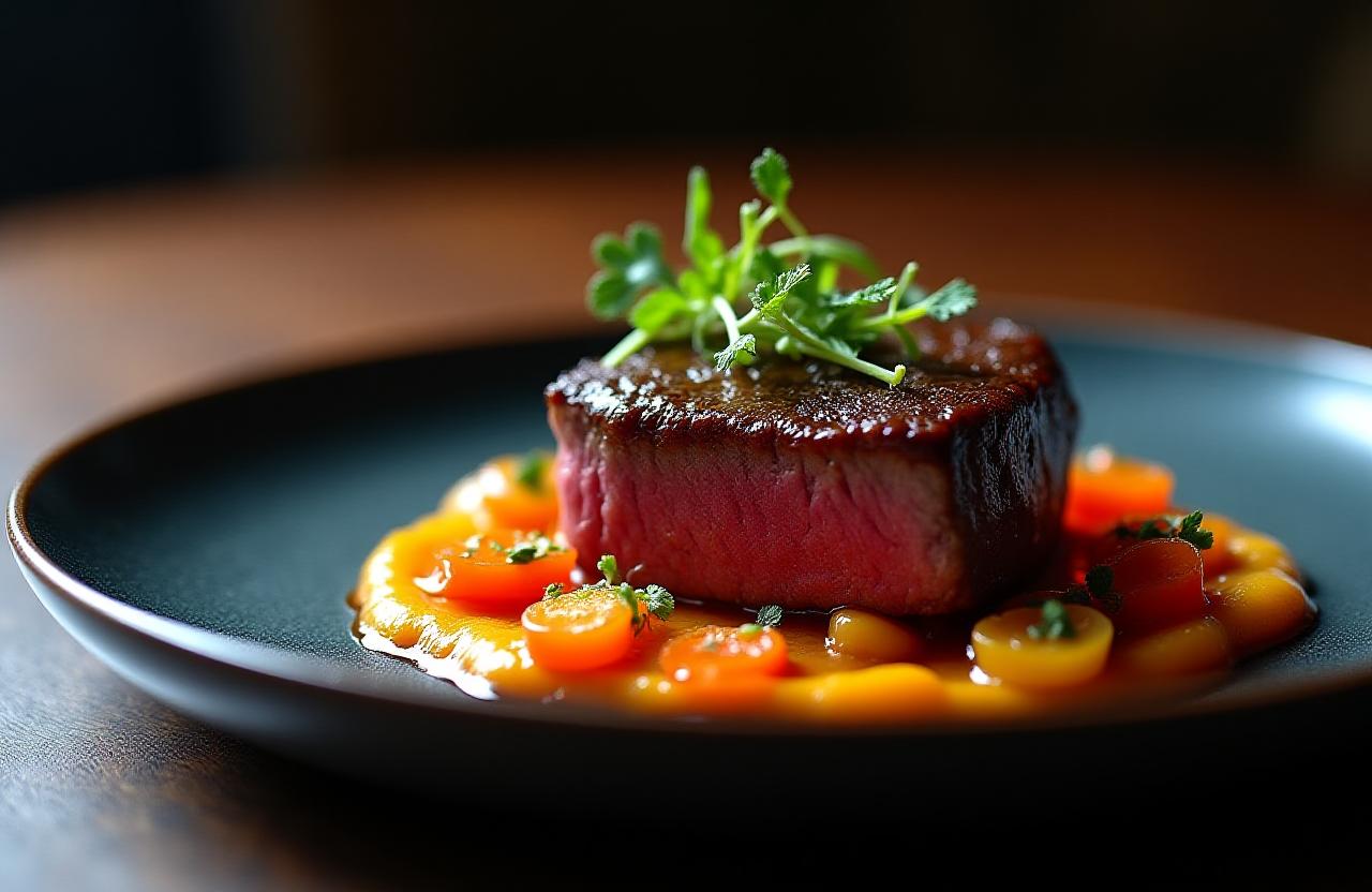 Artistically plated gourmet steak with microgreens and reduction